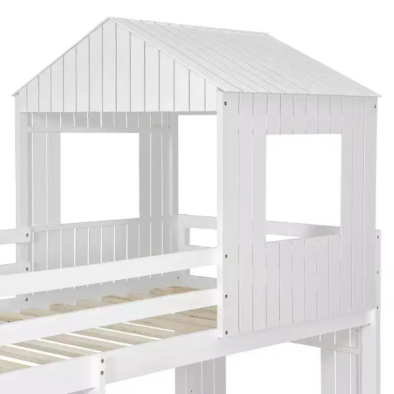 Letto a castello in legno con tetto, doppio su piazza e struttura a casetta per bambini