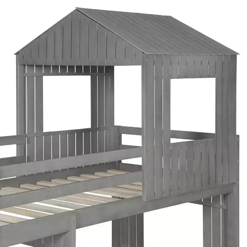 Letto a castello in legno con tetto, doppio su piazza e struttura a casetta per bambini