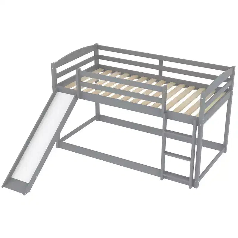 Letto a castello basso con scivolo, letto a castello singolo su singolo con scivolo e scaletta convertibili, struttura letto a castello a pavimento per bambini