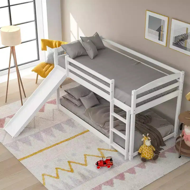 Letto a castello basso con scivolo, letto a castello singolo su singolo con scivolo e scaletta convertibili, struttura letto a castello a pavimento per bambini