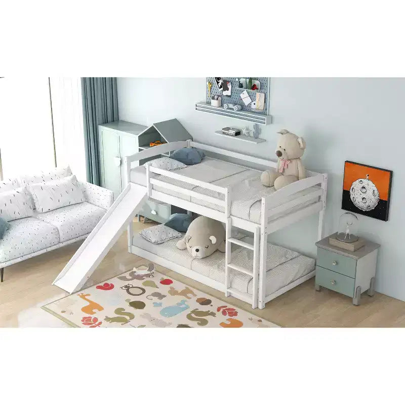 Letto a castello basso con scivolo, letto a castello singolo su singolo con scivolo e scaletta convertibili, struttura letto a castello a pavimento per bambini