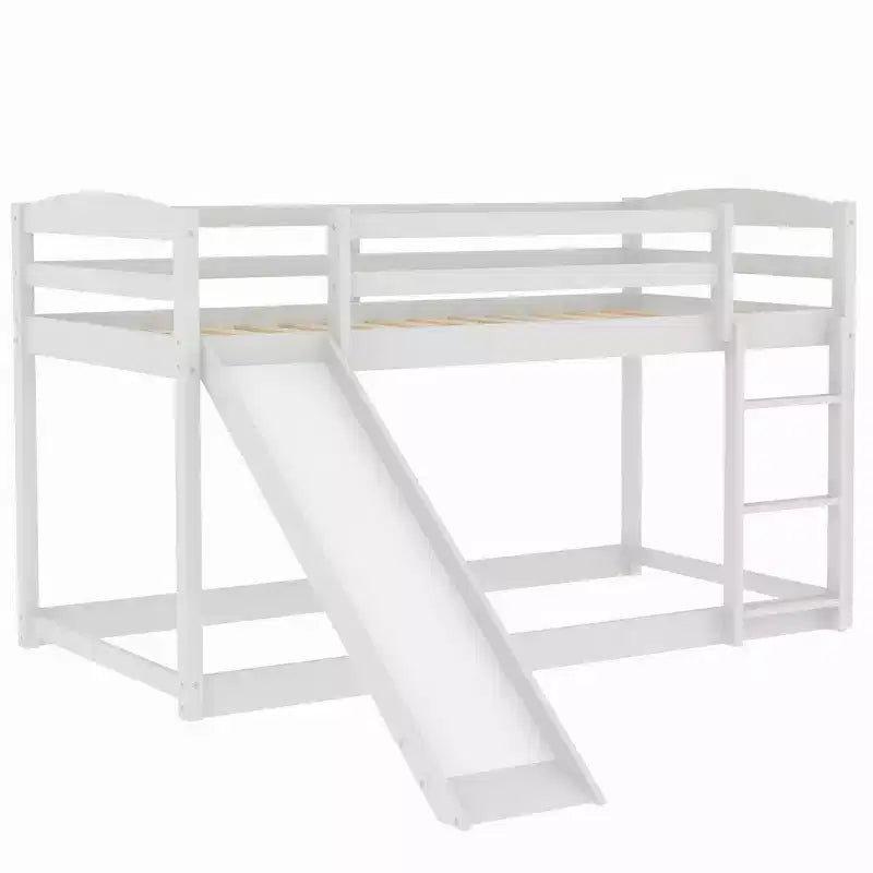Letto a castello basso con scivolo, letto a castello singolo su singolo con scivolo e scaletta convertibili, struttura letto a castello a pavimento per bambini