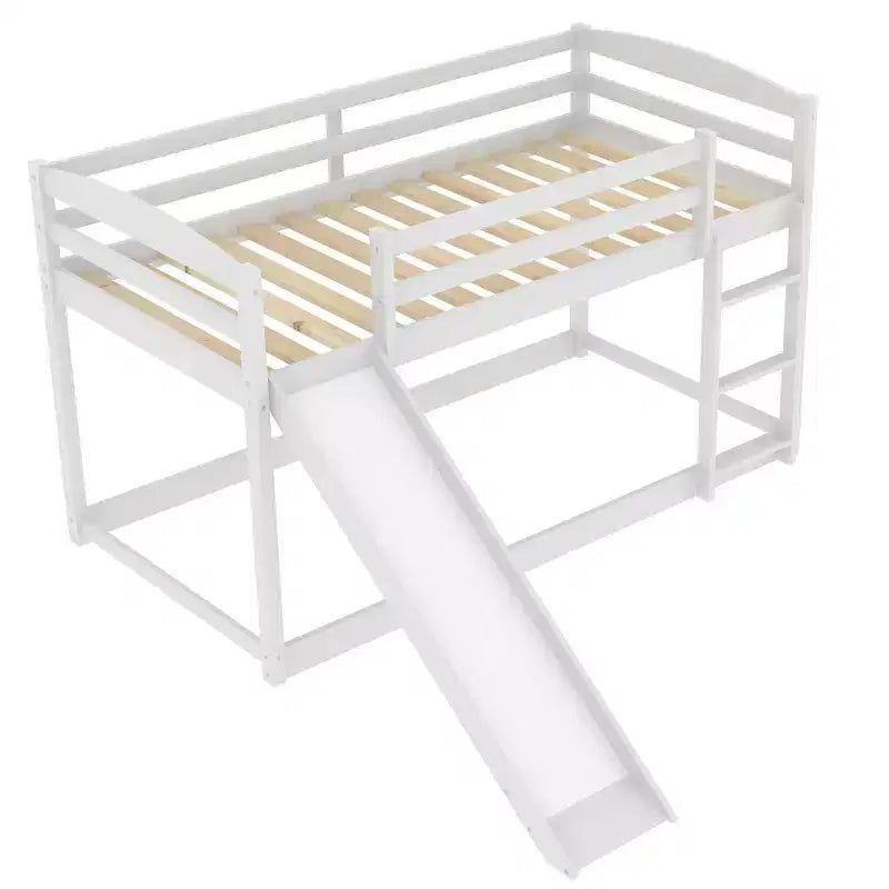 Letto a castello basso con scivolo, letto a castello singolo su singolo con scivolo e scaletta convertibili, struttura letto a castello a pavimento per bambini