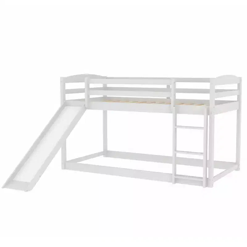 Letto a castello basso con scivolo, letto a castello singolo su singolo con scivolo e scaletta convertibili, struttura letto a castello a pavimento per bambini