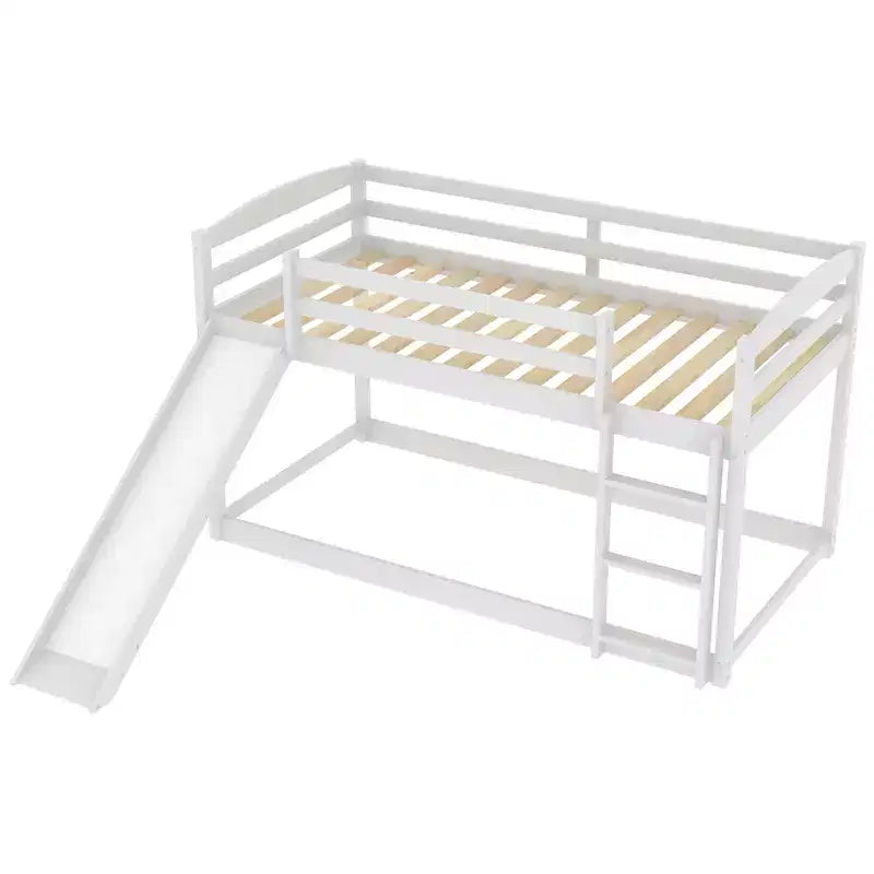 Letto a castello basso con scivolo, letto a castello singolo su singolo con scivolo e scaletta convertibili, struttura letto a castello a pavimento per bambini
