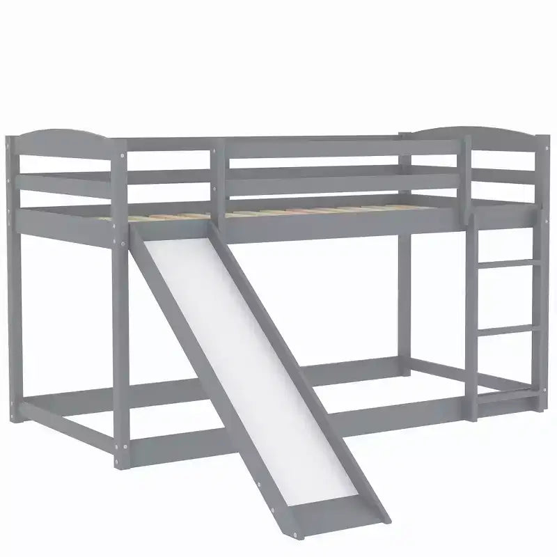 Letto a castello basso con scivolo, letto a castello singolo su singolo con scivolo e scaletta convertibili, struttura letto a castello a pavimento per bambini