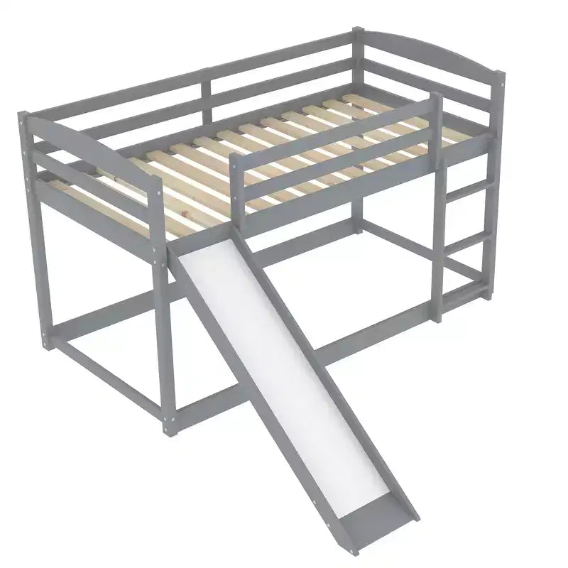 Letto a castello basso con scivolo, letto a castello singolo su singolo con scivolo e scaletta convertibili, struttura letto a castello a pavimento per bambini