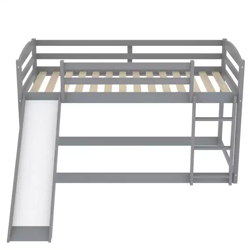Letto a castello basso con scivolo, letto a castello singolo su singolo con scivolo e scaletta convertibili, struttura letto a castello a pavimento per bambini