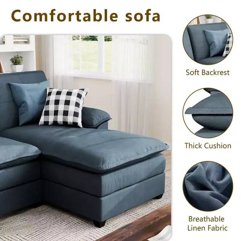 Divano componibile imbottito Celebalcony a 3 pezzi con chaise longue. Divano a U da 110 pollici a 4 posti, modulare, grande, con pouf per soggiorno