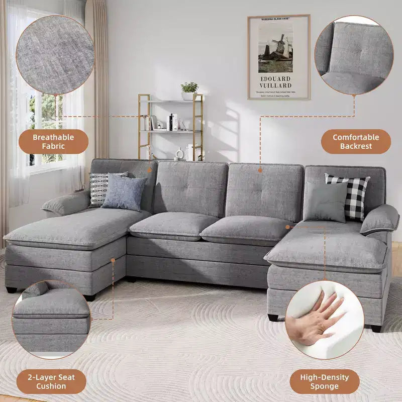 Divano componibile imbottito Celebalcony a 3 pezzi con chaise longue. Divano a U da 110 pollici a 4 posti, modulare, grande, con pouf per soggiorno