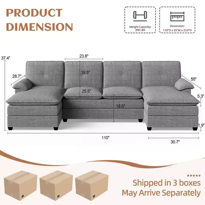 Divano componibile imbottito Celebalcony a 3 pezzi con chaise longue. Divano a U da 110 pollici a 4 posti, modulare, grande, con pouf per soggiorno