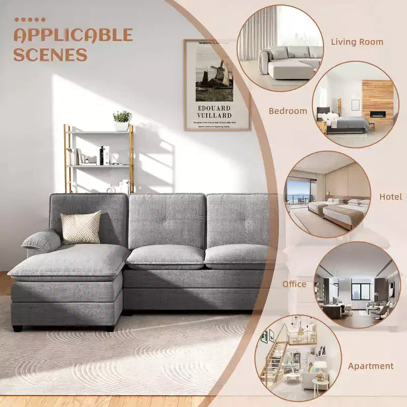 Divano componibile imbottito Celebalcony a 3 pezzi con chaise longue. Divano a U da 110 pollici a 4 posti, modulare, grande, con pouf per soggiorno