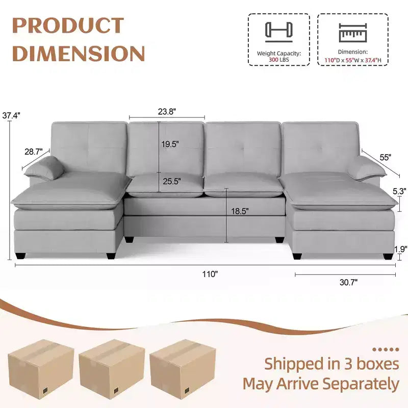 Divano componibile imbottito Celebalcony a 3 pezzi con chaise longue. Divano a U da 110 pollici a 4 posti, modulare, grande, con pouf per soggiorno