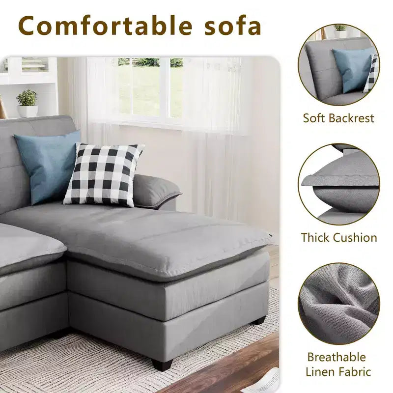 Divano componibile imbottito Celebalcony a 3 pezzi con chaise longue. Divano a U da 110 pollici a 4 posti, modulare, grande, con pouf per soggiorno