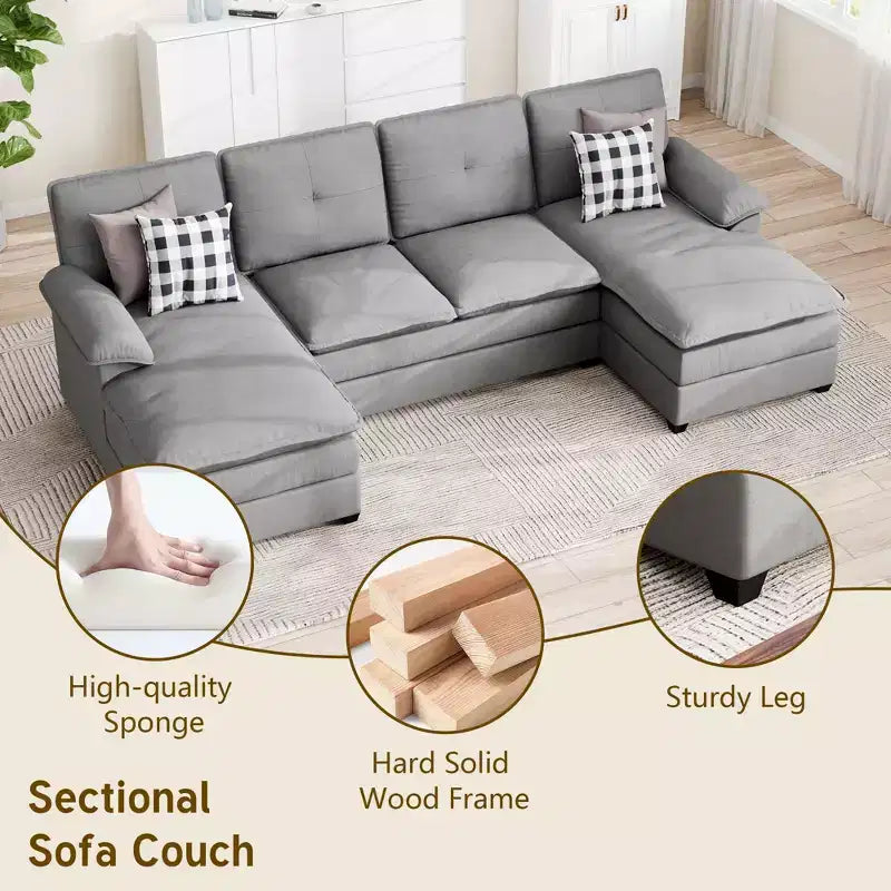 Divano componibile imbottito Celebalcony a 3 pezzi con chaise longue. Divano a U da 110 pollici a 4 posti, modulare, grande, con pouf per soggiorno