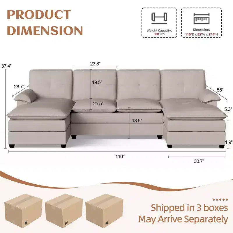 Divano componibile imbottito Celebalcony a 3 pezzi con chaise longue. Divano a U da 110 pollici a 4 posti, modulare, grande, con pouf per soggiorno