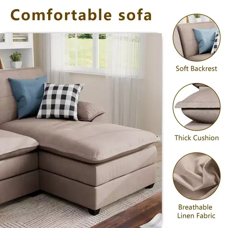 Divano componibile imbottito Celebalcony a 3 pezzi con chaise longue. Divano a U da 110 pollici a 4 posti, modulare, grande, con pouf per soggiorno