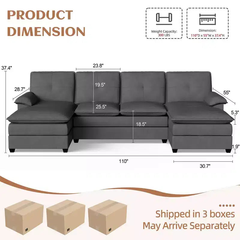 Divano componibile imbottito Celebalcony a 3 pezzi con chaise longue. Divano a U da 110 pollici a 4 posti, modulare, grande, con pouf per soggiorno