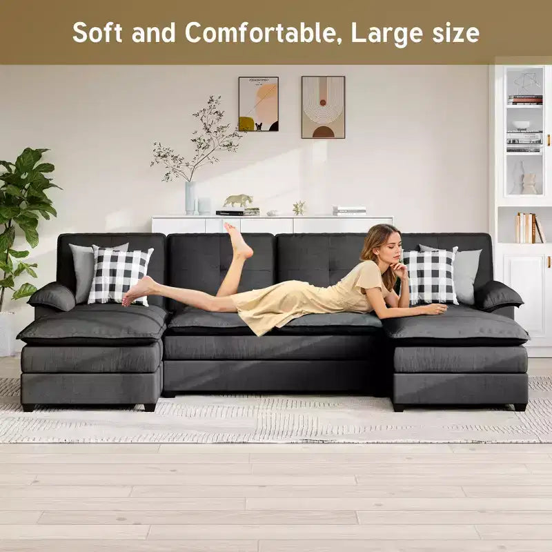 Divano componibile imbottito Celebalcony a 3 pezzi con chaise longue. Divano a U da 110 pollici a 4 posti, modulare, grande, con pouf per soggiorno