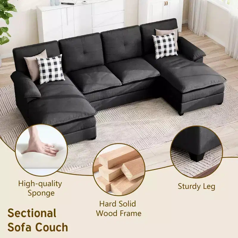 Divano componibile imbottito Celebalcony a 3 pezzi con chaise longue. Divano a U da 110 pollici a 4 posti, modulare, grande, con pouf per soggiorno