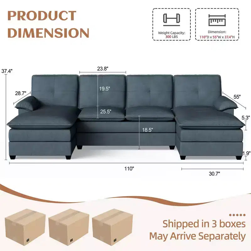 Divano componibile imbottito Celebalcony a 3 pezzi con chaise longue. Divano a U da 110 pollici a 4 posti, modulare, grande, con pouf per soggiorno