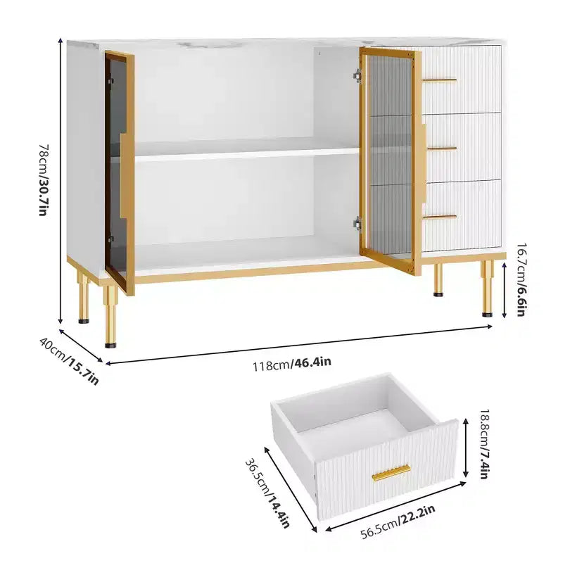 COZONY Mobile da Cucina 118 cm con Piano in Finto Marmo e Ante in Vetro, Credenza con Cassetti e Ripiani Regolabili per Sala da Pranzo