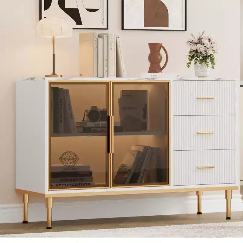 COZONY Mobile da Cucina 118 cm con Piano in Finto Marmo e Ante in Vetro, Credenza con Cassetti e Ripiani Regolabili per Sala da Pranzo