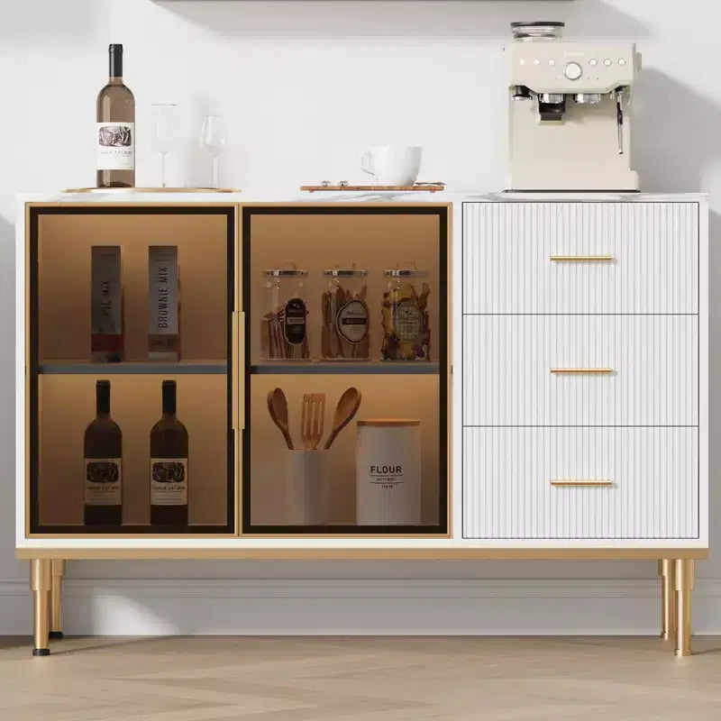 COZONY Mobile da Cucina 118 cm con Piano in Finto Marmo e Ante in Vetro, Credenza con Cassetti e Ripiani Regolabili per Sala da Pranzo