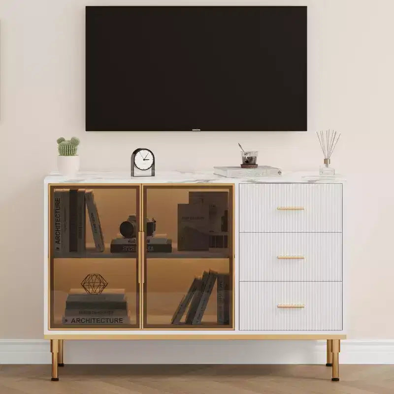 COZONY Mobile da Cucina 118 cm con Piano in Finto Marmo e Ante in Vetro, Credenza con Cassetti e Ripiani Regolabili per Sala da Pranzo