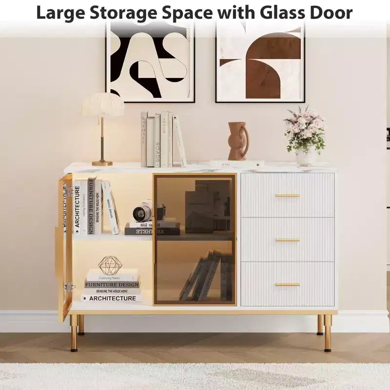 COZONY Mobile da Cucina 118 cm con Piano in Finto Marmo e Ante in Vetro, Credenza con Cassetti e Ripiani Regolabili per Sala da Pranzo