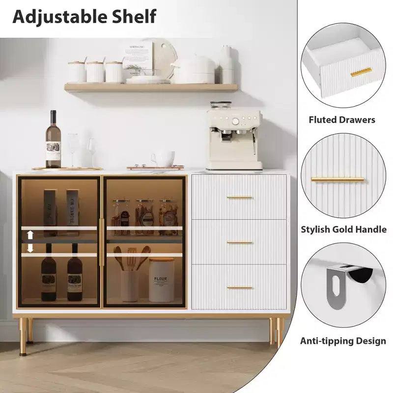 COZONY Mobile da Cucina 118 cm con Piano in Finto Marmo e Ante in Vetro, Credenza con Cassetti e Ripiani Regolabili per Sala da Pranzo