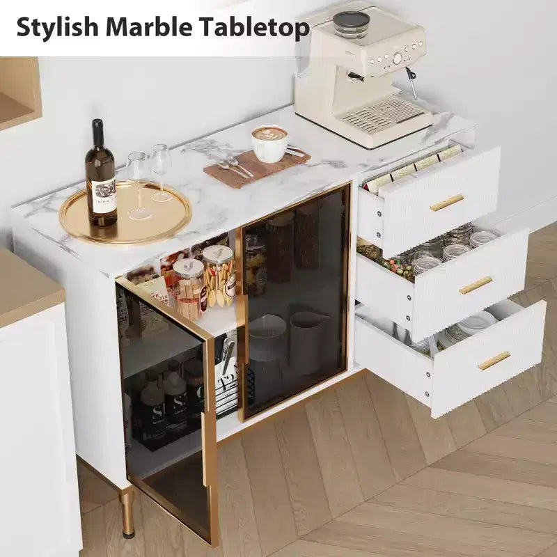 COZONY Mobile da Cucina 118 cm con Piano in Finto Marmo e Ante in Vetro, Credenza con Cassetti e Ripiani Regolabili per Sala da Pranzo