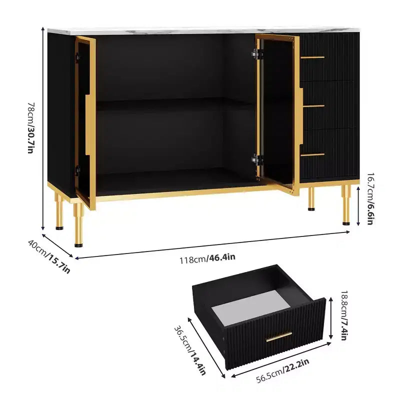 COZONY Mobile da Cucina 118 cm con Piano in Finto Marmo e Ante in Vetro, Credenza con Cassetti e Ripiani Regolabili per Sala da Pranzo