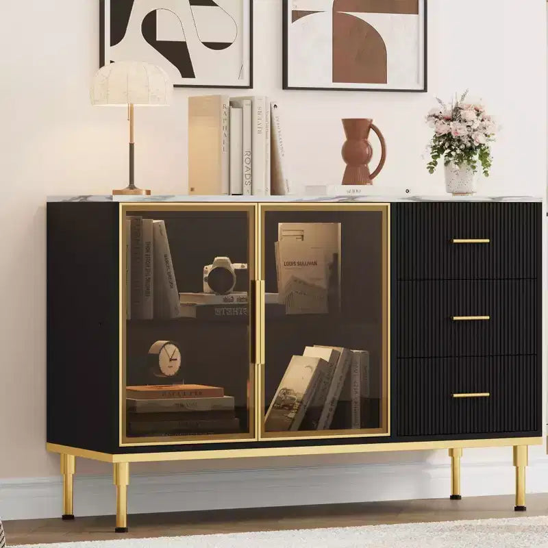 COZONY Mobile da Cucina 118 cm con Piano in Finto Marmo e Ante in Vetro, Credenza con Cassetti e Ripiani Regolabili per Sala da Pranzo