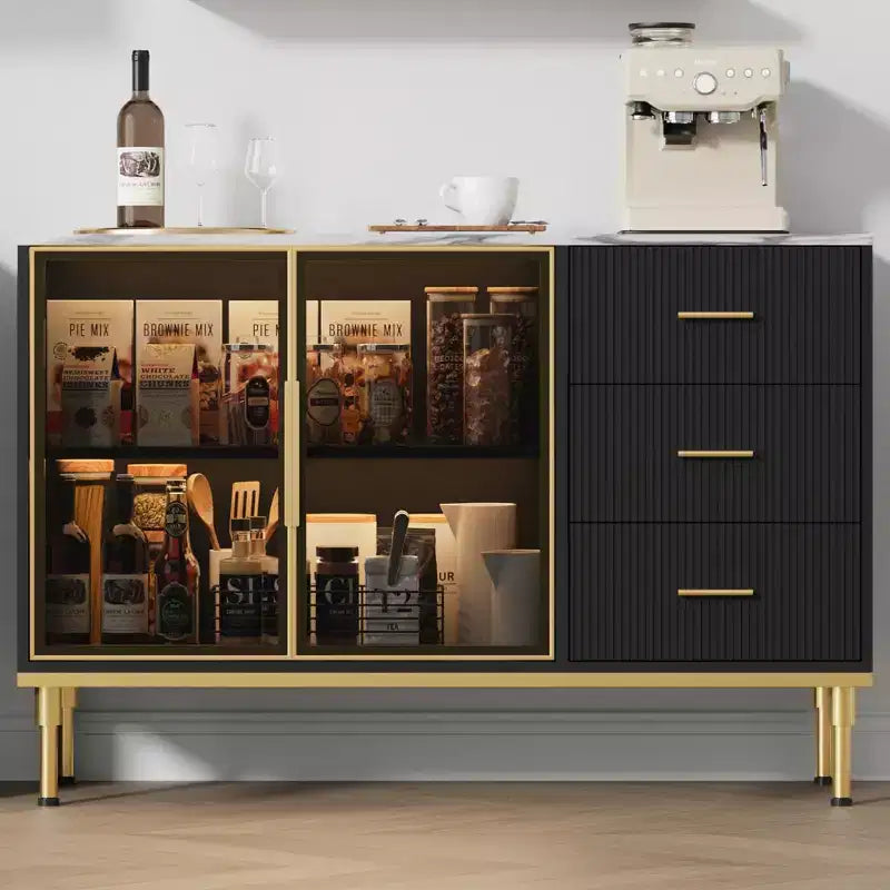 COZONY Mobile da Cucina 118 cm con Piano in Finto Marmo e Ante in Vetro, Credenza con Cassetti e Ripiani Regolabili per Sala da Pranzo