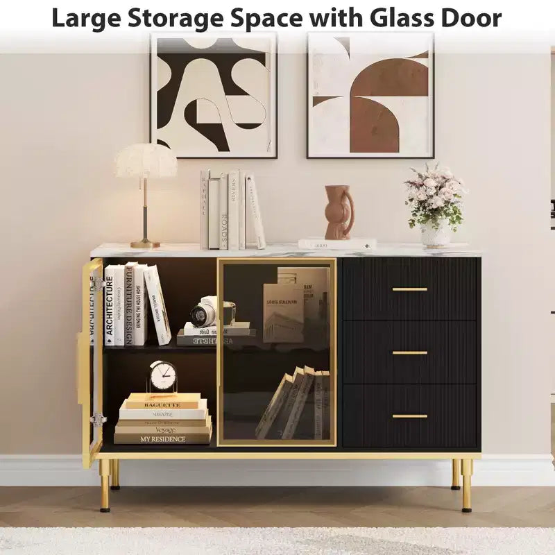 COZONY Mobile da Cucina 118 cm con Piano in Finto Marmo e Ante in Vetro, Credenza con Cassetti e Ripiani Regolabili per Sala da Pranzo