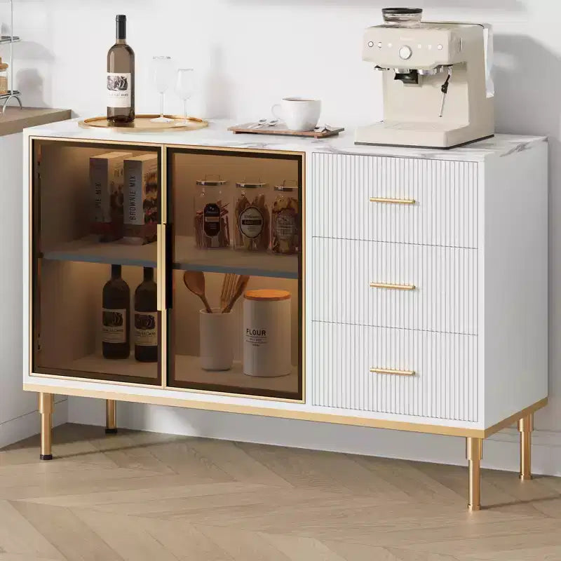 COZONY Mobile da Cucina 118 cm con Piano in Finto Marmo e Ante in Vetro, Credenza con Cassetti e Ripiani Regolabili per Sala da Pranzo