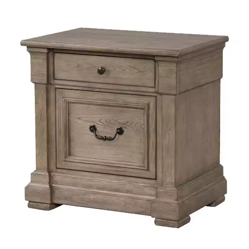Comodino Royal Hampton, 2 cassetti, legno massello grigio invecchiato, 71 cm