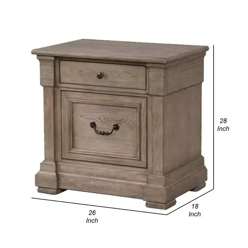 Comodino Royal Hampton, 2 cassetti, legno massello grigio invecchiato, 71 cm