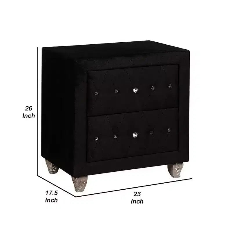 Comodino Royal Hampton, 2 cassetti con pomelli in cristallo, Rivestimento in velluto nero
