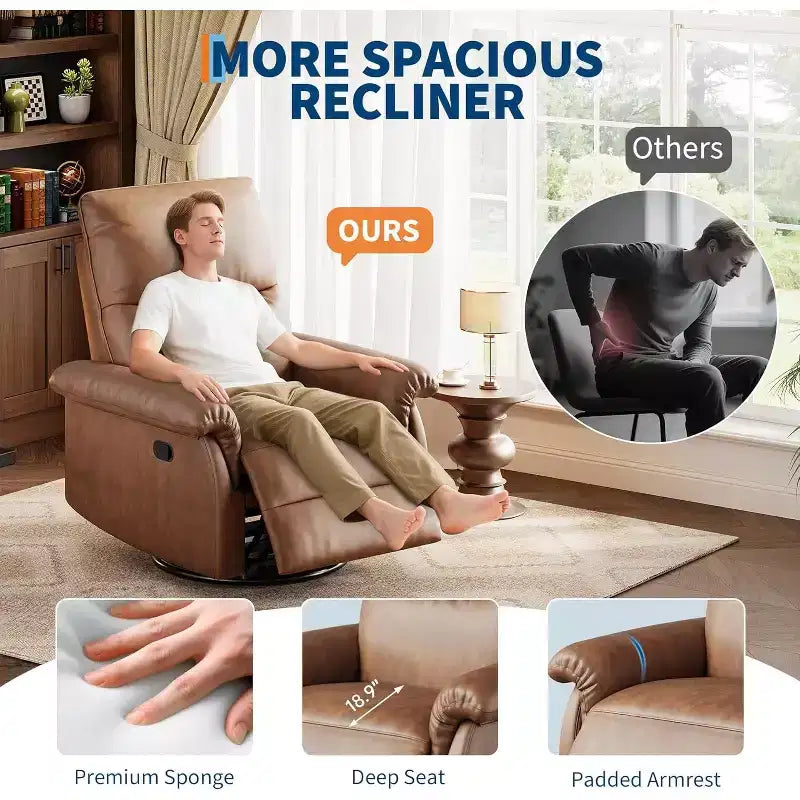 Poltrona reclinabile manuale, sedia da allattamento girevole a 360° con braccioli imbottiti e seduta profonda, poltrona reclinabile moderna rivestita in pelle PU