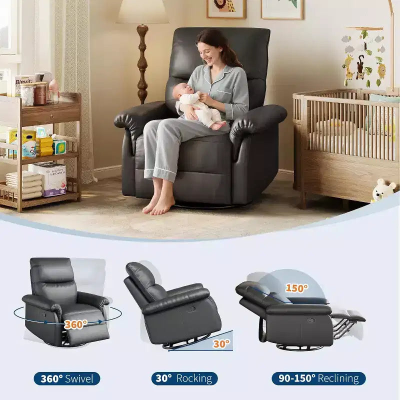 Poltrona reclinabile manuale, sedia da allattamento girevole a 360° con braccioli imbottiti e seduta profonda, poltrona reclinabile moderna rivestita in pelle PU