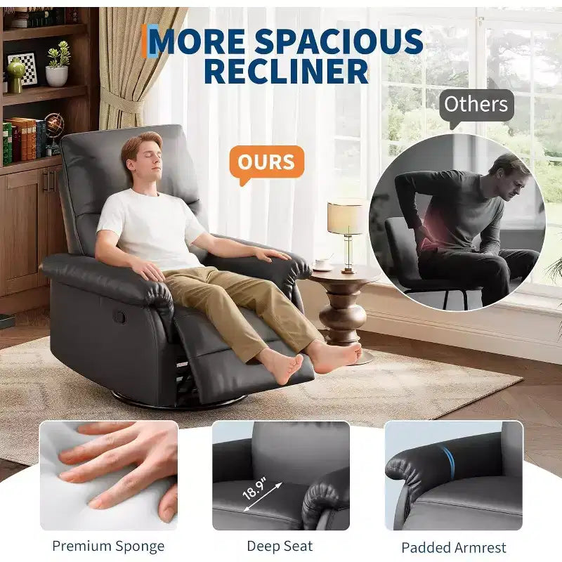 Poltrona reclinabile manuale, sedia da allattamento girevole a 360° con braccioli imbottiti e seduta profonda, poltrona reclinabile moderna rivestita in pelle PU