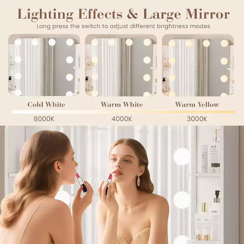 Tavolo da trucco con specchio e 12 luci LED, toeletta bianca con presa di corrente, moderno mobile da trucco per camera da letto