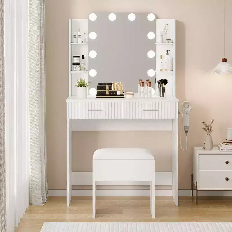 Tavolo da trucco con specchio e 12 luci LED, toeletta bianca con presa di corrente, moderno mobile da trucco per camera da letto