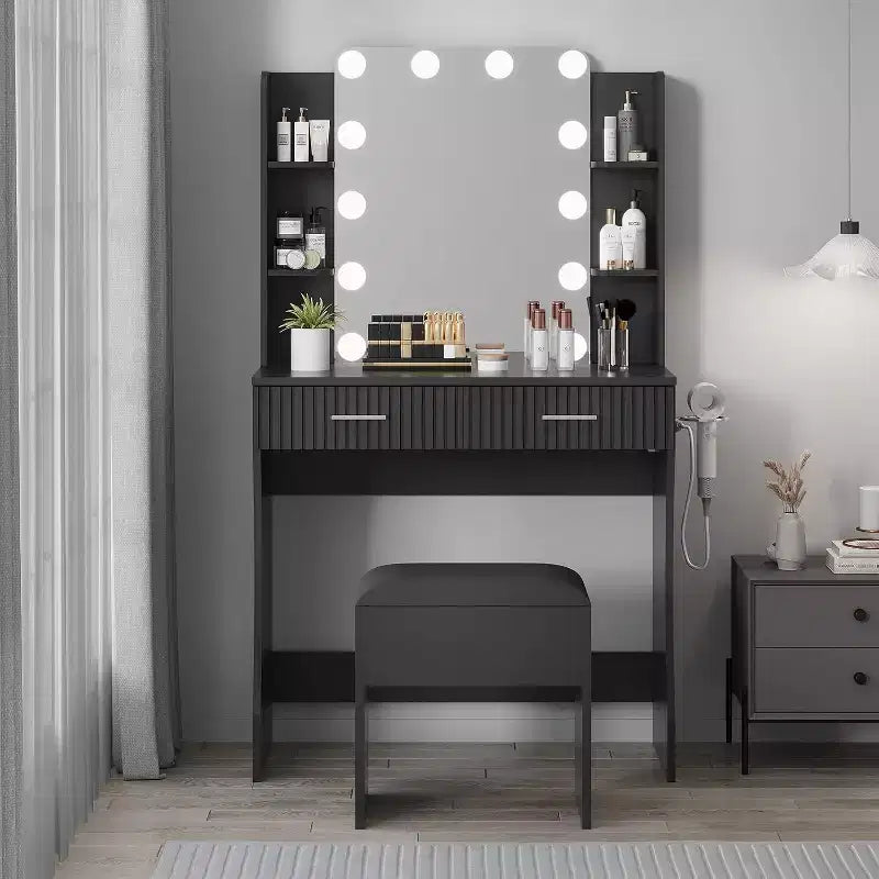 Tavolo da trucco con specchio e 12 luci LED, toeletta bianca con presa di corrente, moderno mobile da trucco per camera da letto