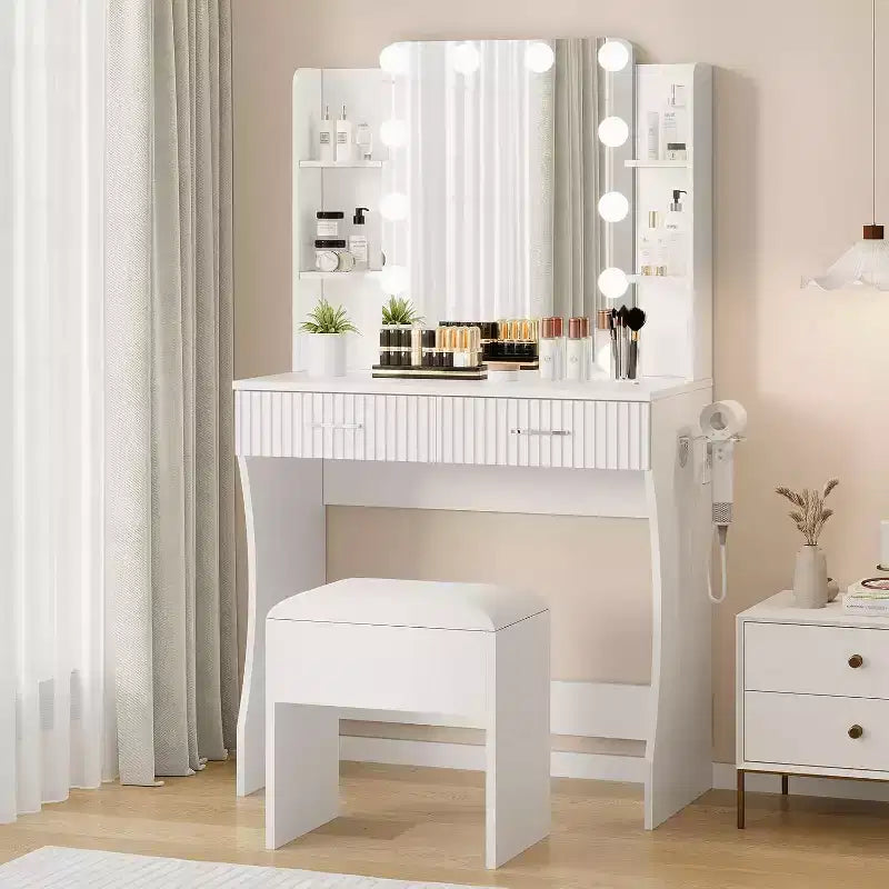 Tavolo da trucco con specchio e 12 luci LED, toeletta bianca con presa di corrente, moderno mobile da trucco per camera da letto