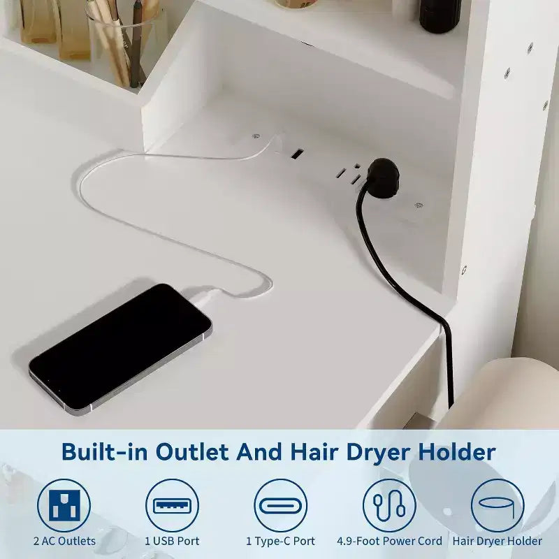 Toeletta con specchio e luci, tavolo da trucco con cassetti e ripiani, mobiletto e sgabello imbottito, per la camera da letto