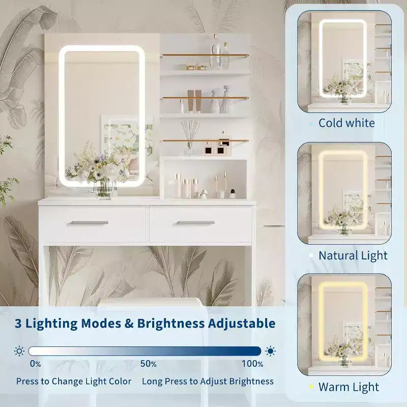 Toeletta con specchio e luci, tavolo da trucco con cassetti e ripiani, mobiletto e sgabello imbottito, per la camera da letto