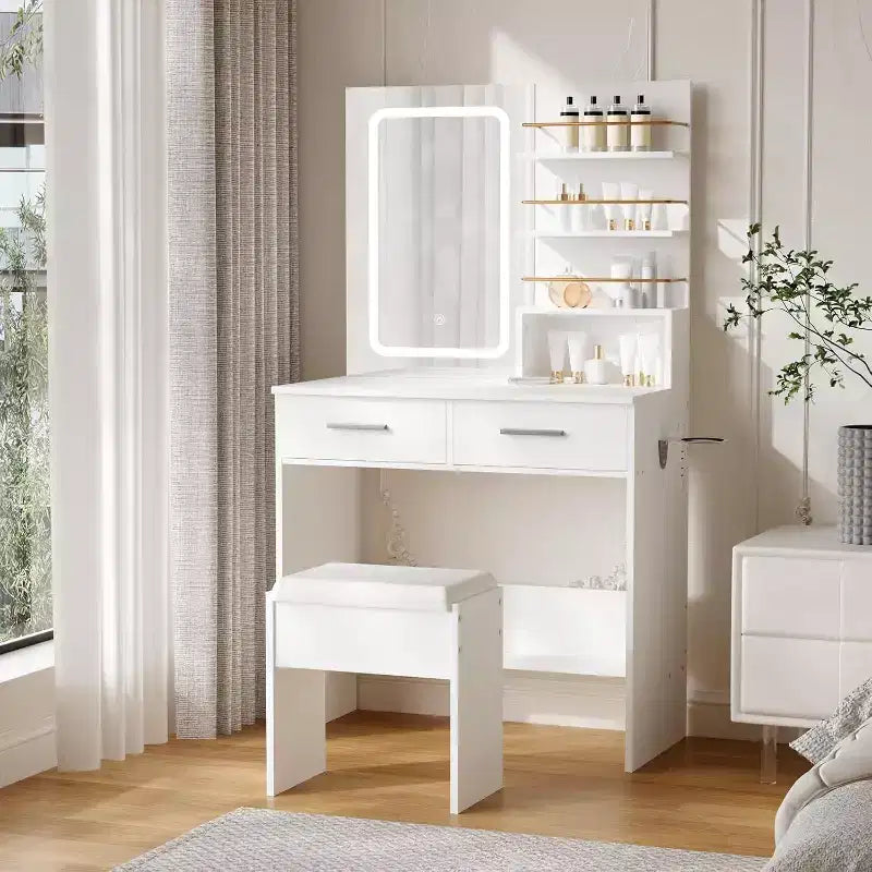 Toeletta con specchio e luci, tavolo da trucco con cassetti e ripiani, mobiletto e sgabello imbottito, per la camera da letto